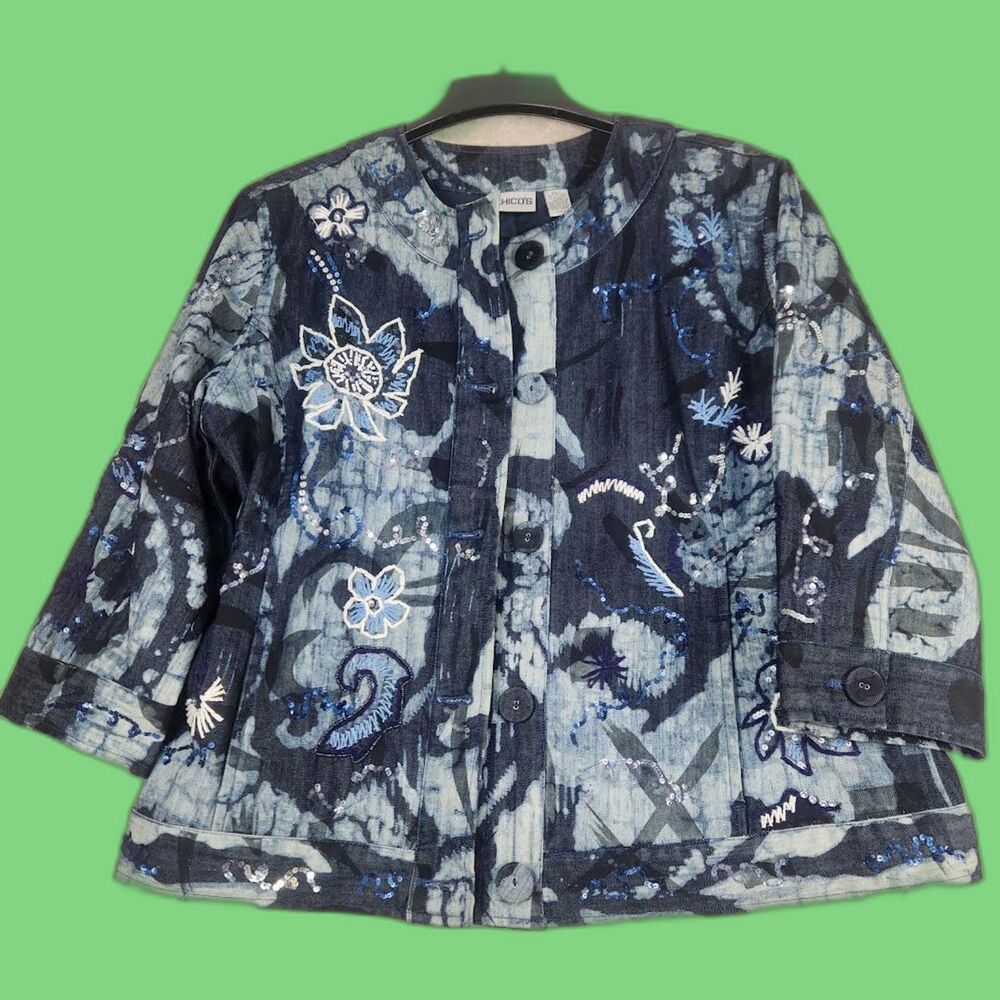Chico's Women's Demin Jacket with Sequins Size 3 (16-18) XL Boho Retro Glam